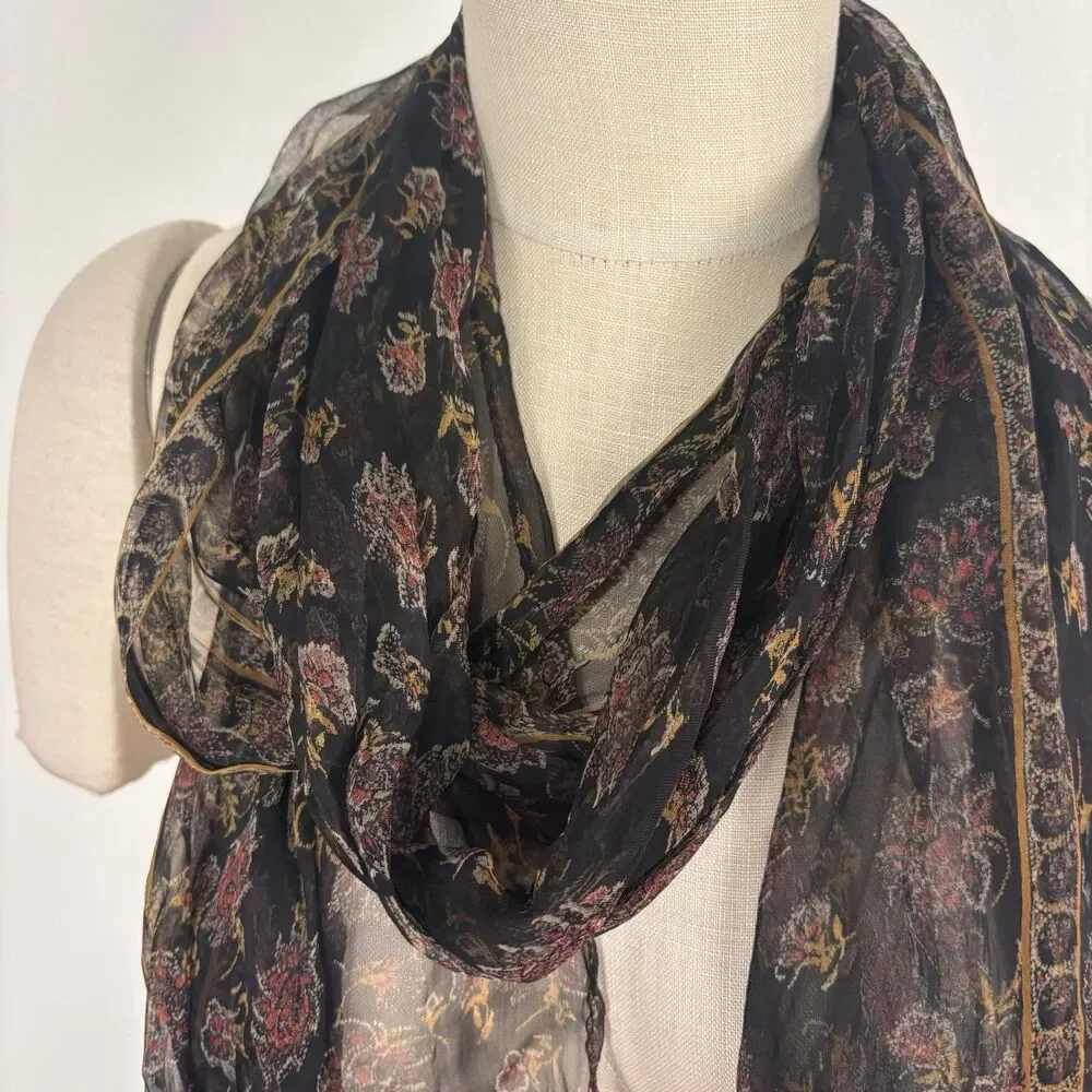 Sheer Scarf Black Floral Print Lightweight Long Rectangular Wrap Fairygrunge Y2K